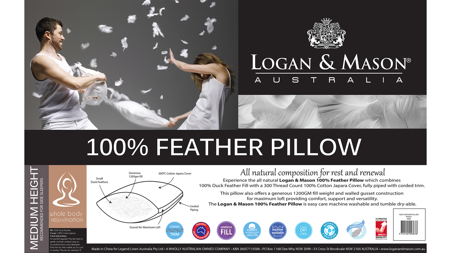 White Soft 100% Duck Feather Pillow by Logan & Mason - Mid
